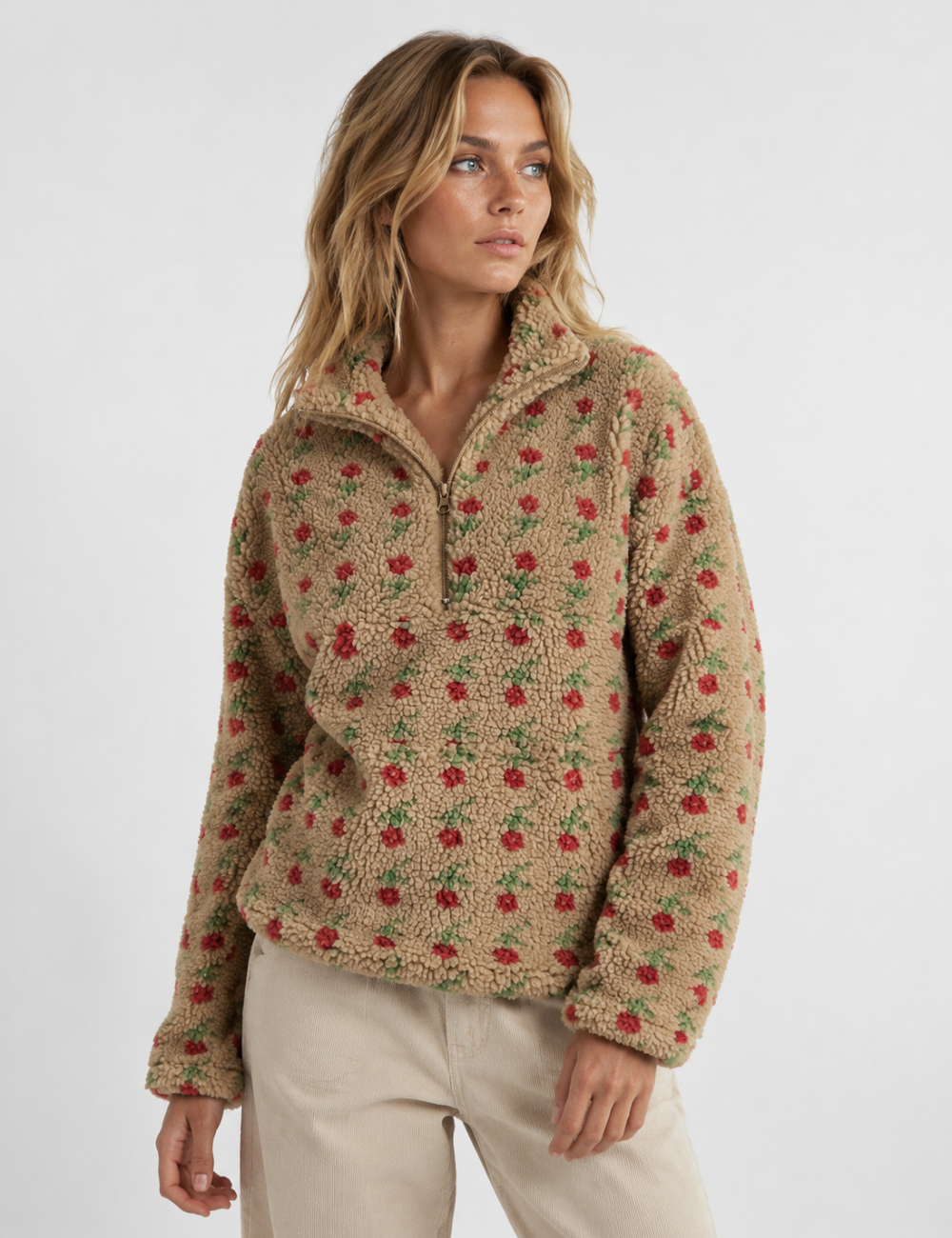 Ladies Casual Floral Pattern Zipper Front Fleece Pullover Sweatshirt