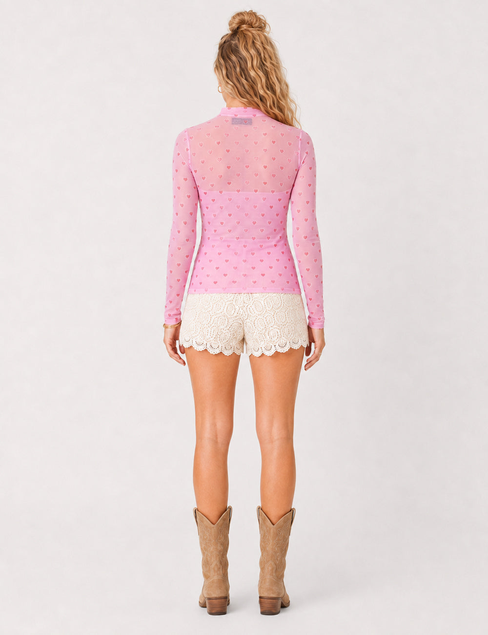 Ladies Heart Print Sheer Mesh Mock Neck Long Sleeves Top