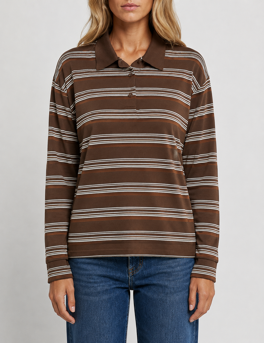 Ladies Casual Striped Polo Collar Long Sleeves Top