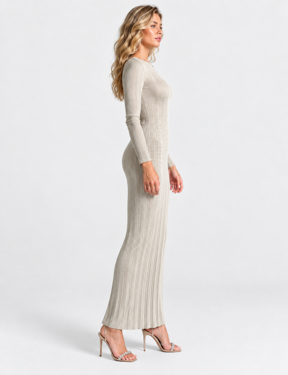 Ladies Boat Neck Ribbed Knit Bodycon Maxi Dress