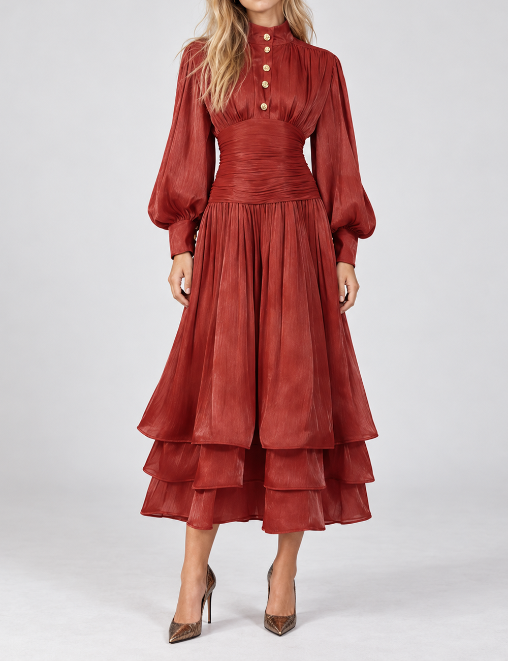 Ladies Puff Sleeves Ruched Button Tiered Midi Dress
