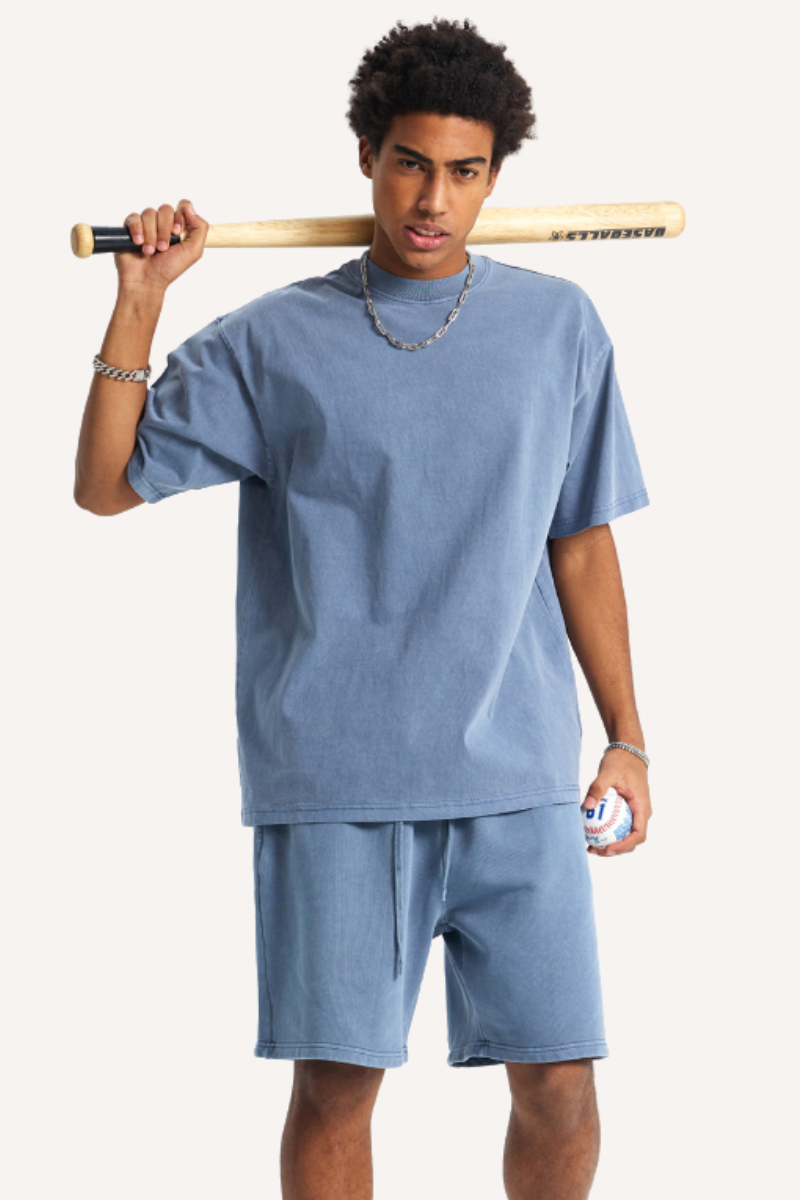 Unisex Summer Washed Distressed Fade Tee & Shorts Set