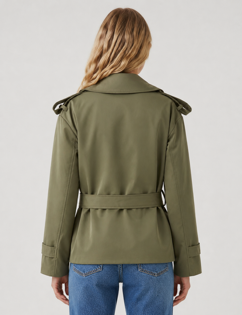 Ladies Lapel Collar Belted Short Trench Coat