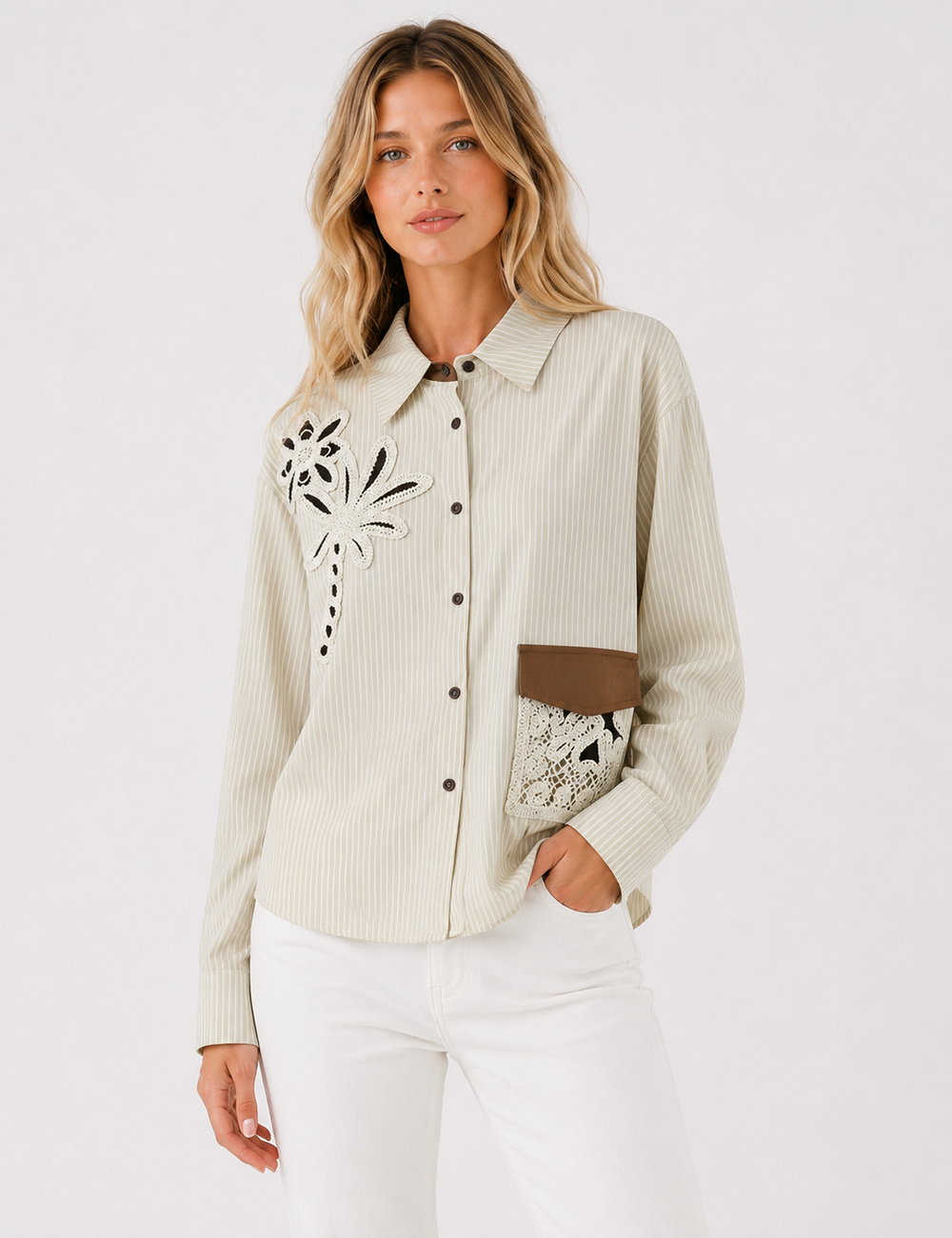 Ladies Striped Embroidery Floral Pocket Button-Down Shirt