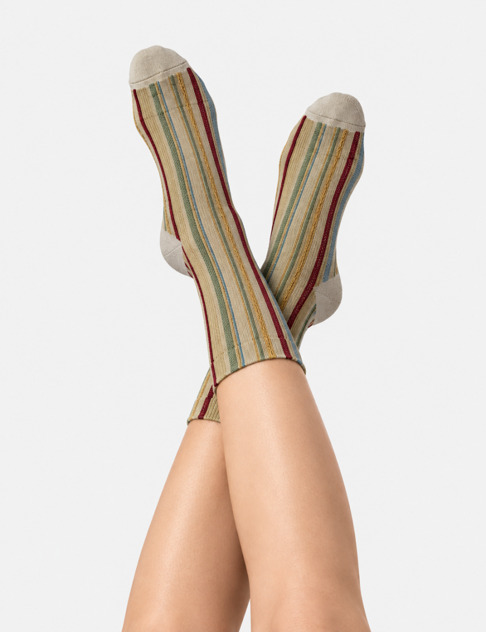 Ladies Retro Striped Contrast Toe Mid Calf Socks