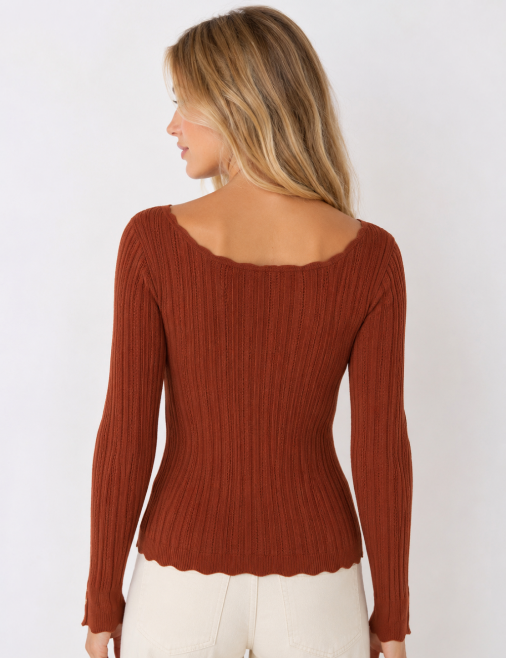 Ladies Ribbed Scoop Neck Long Sleeve Top