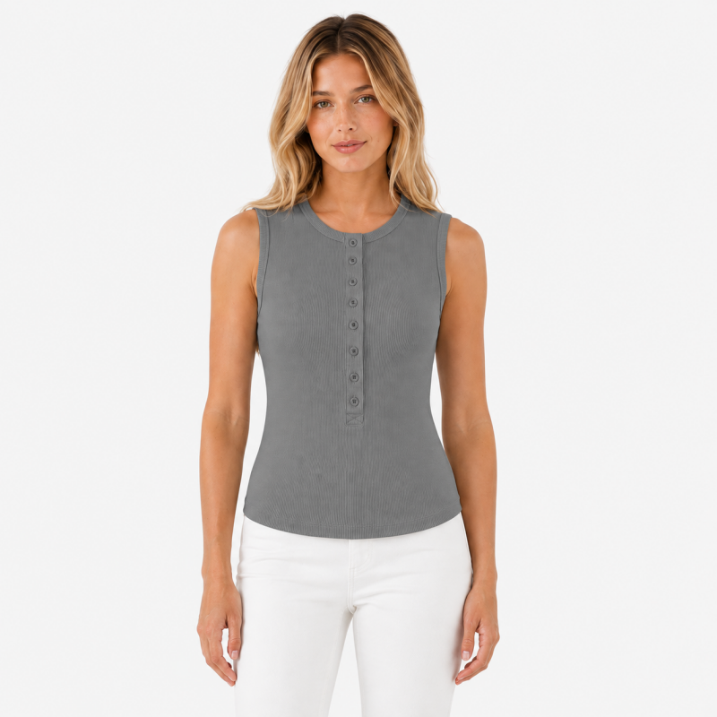 Ladies Crew Neck Button Sleeveless Top