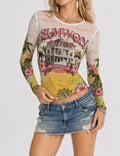 Ladies Casual Graphic Print Sheer Mesh Long Sleeves Top