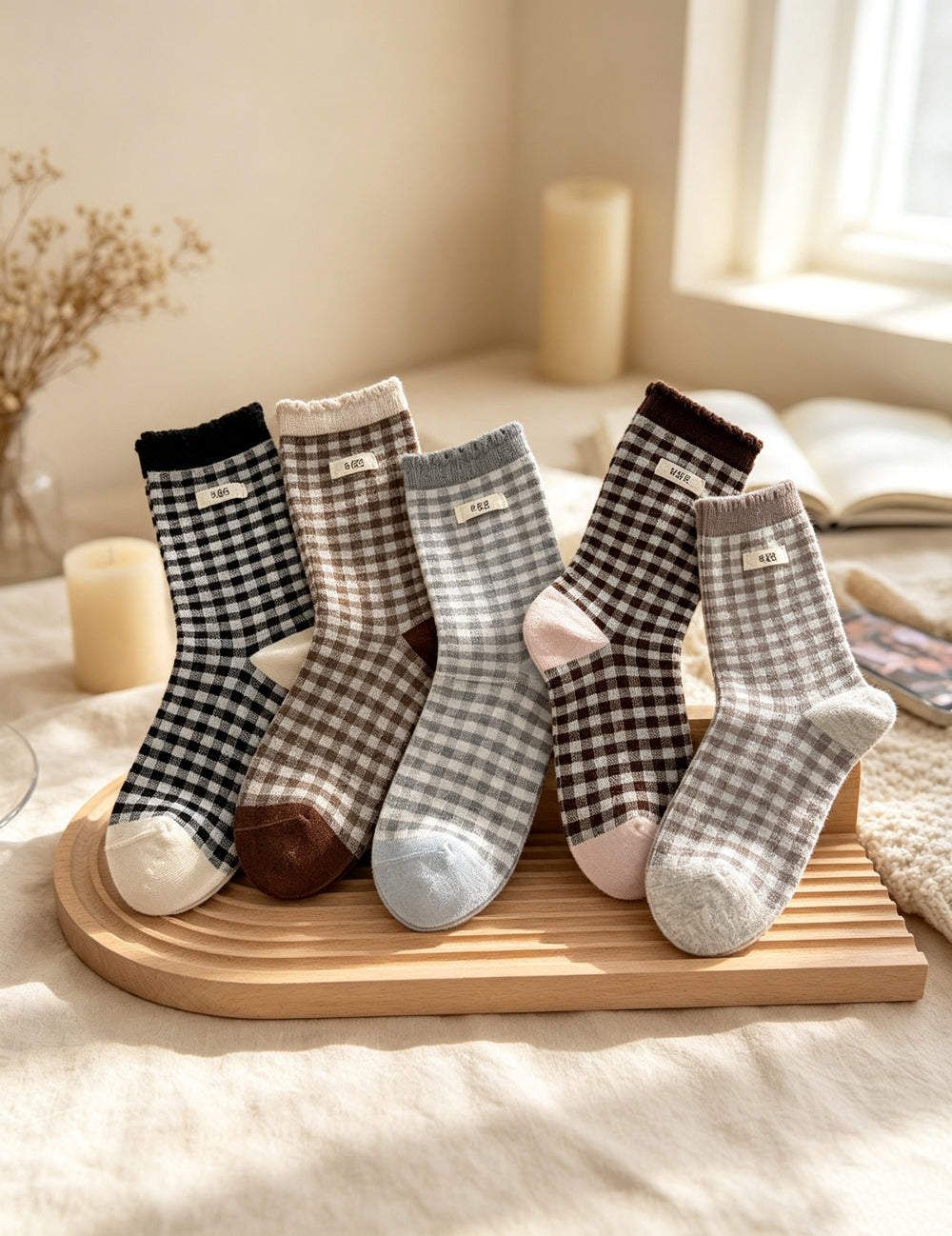 Ladies Cute Plaid Patch Mid Calf Socks
