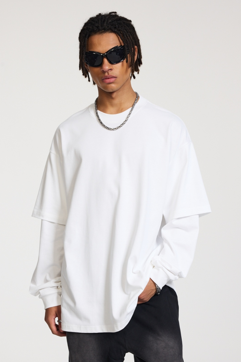 Men's Spring Summer 305g Heavy Cotton Mock Layer Long Sleeve