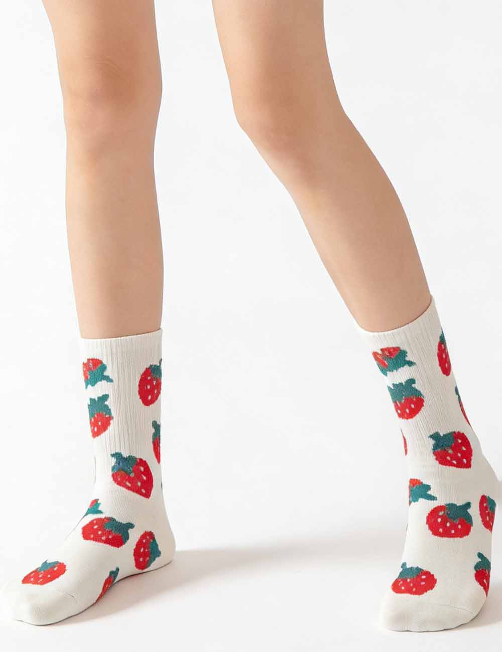 Ladies Cute Strawberry Pattern Midi Calf Socks