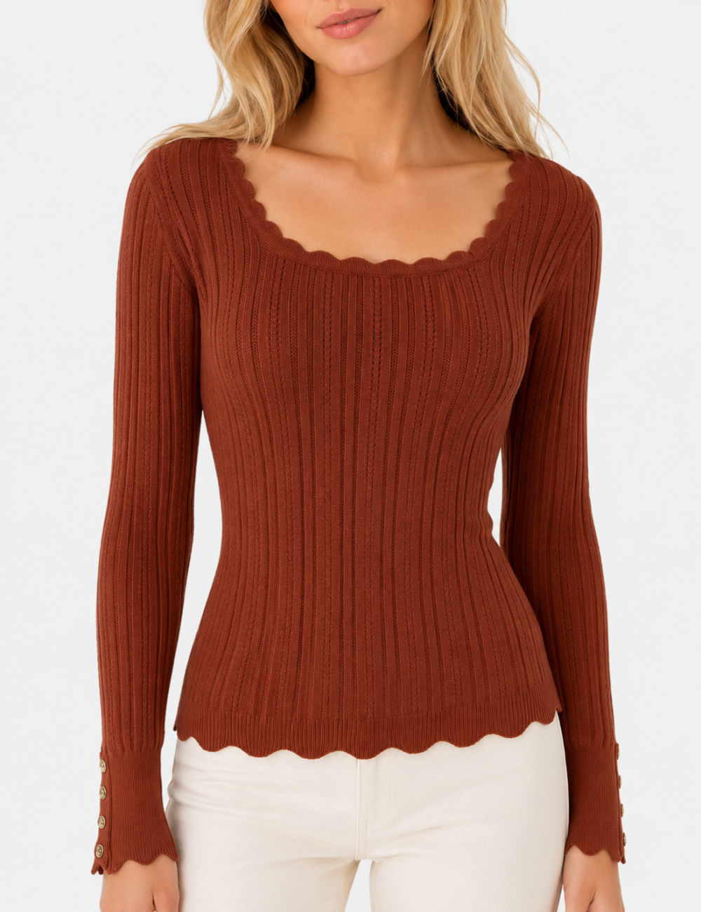 Ladies Ribbed Scoop Neck Long Sleeve Top