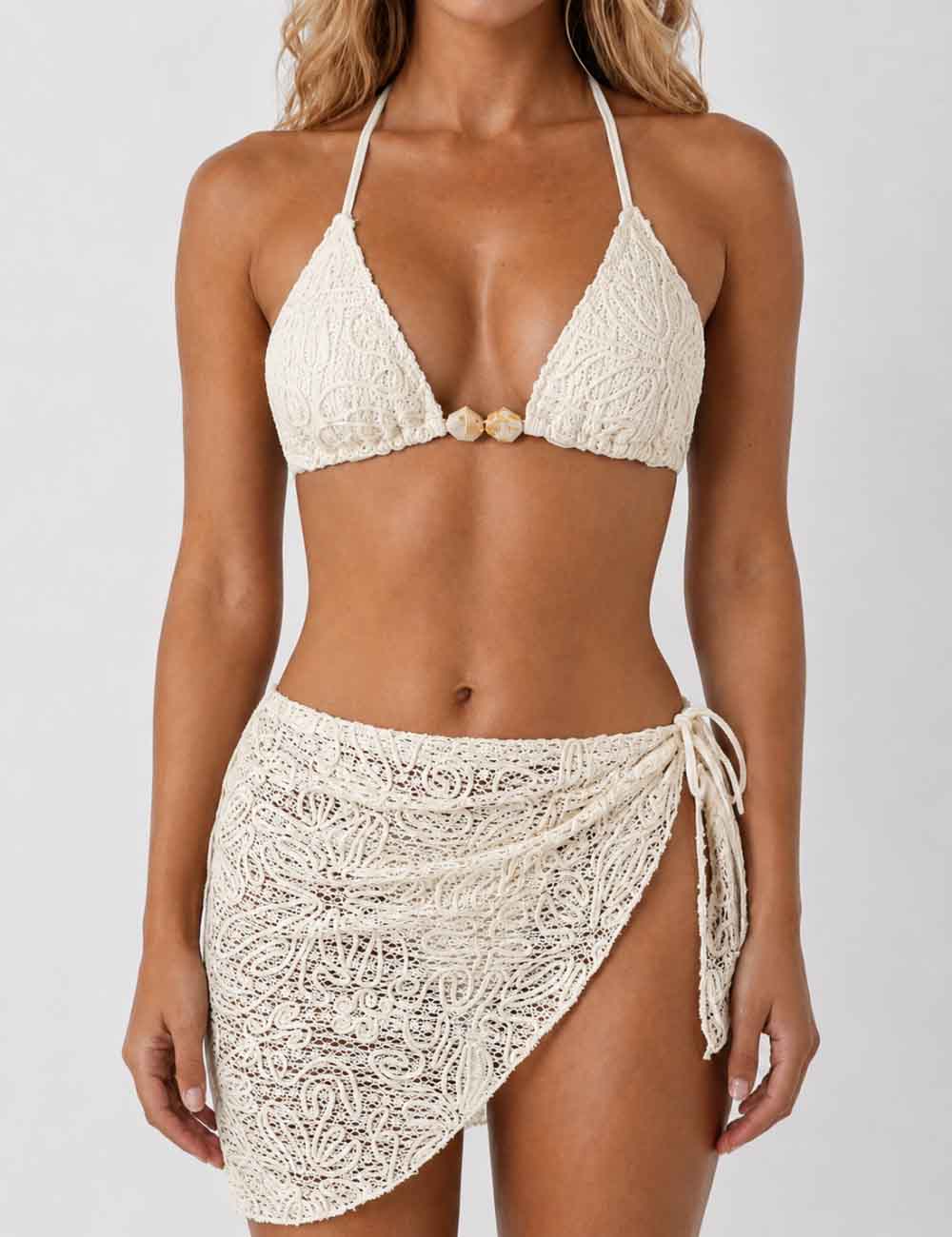 Ladies Crochet Triangle Bikini Set with Wrap Cover Up Skirt