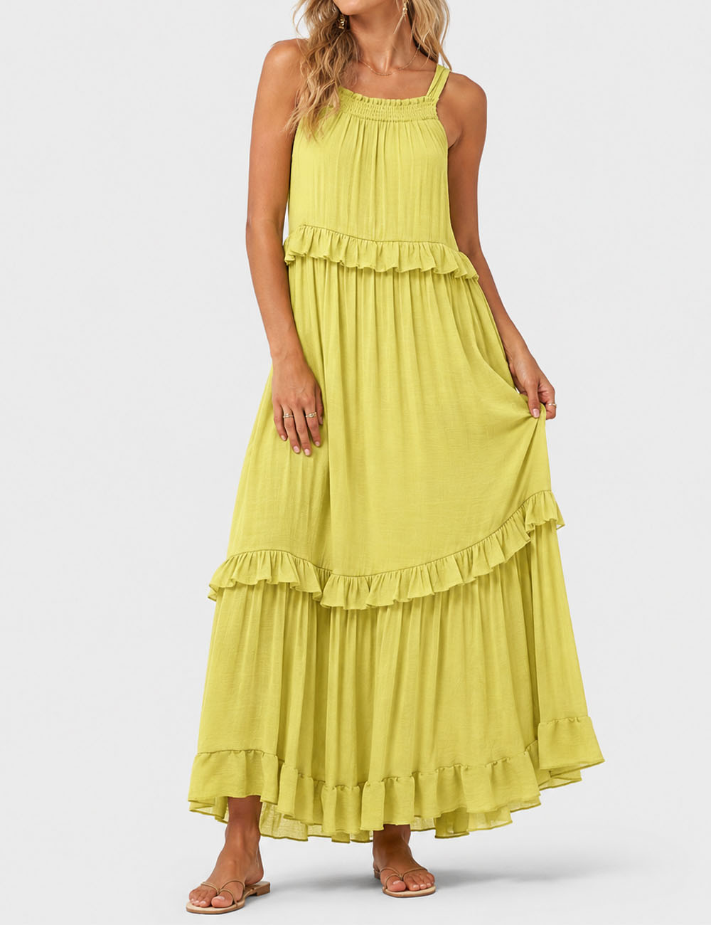 Ladies Boho Ruffle Tiered Hem Sleeveless Solid Color Maxi Dress