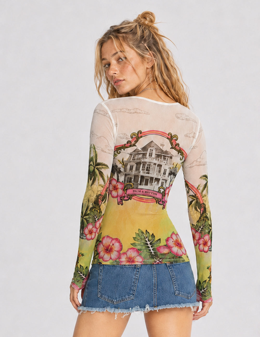 Ladies Casual Graphic Print Sheer Mesh Long Sleeves Top