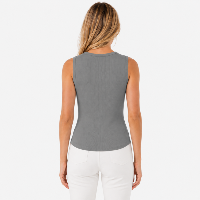 Ladies Crew Neck Button Sleeveless Top
