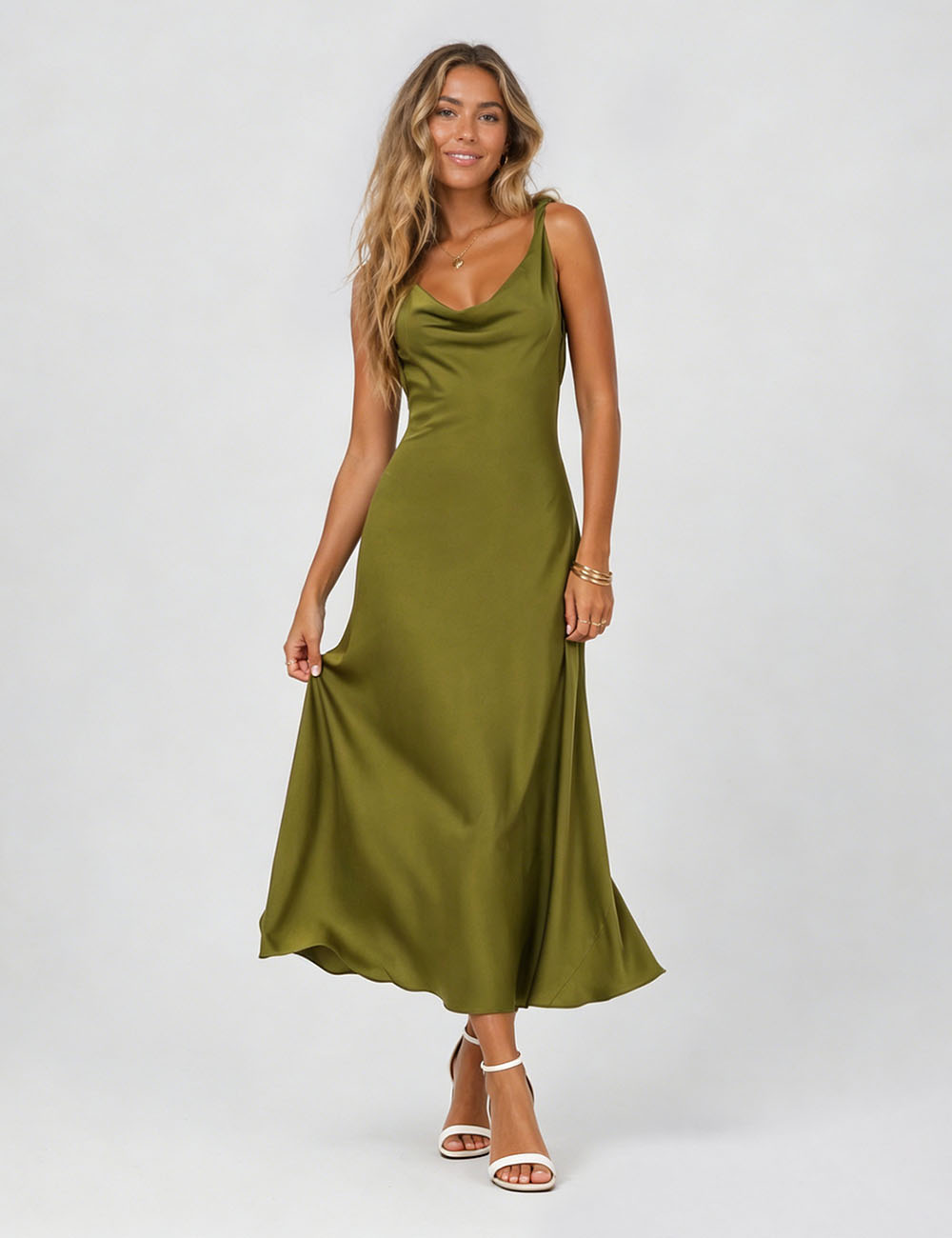 Ladies Chic Satin Cowl Neck Sleeveless Back Tie Midi Dress