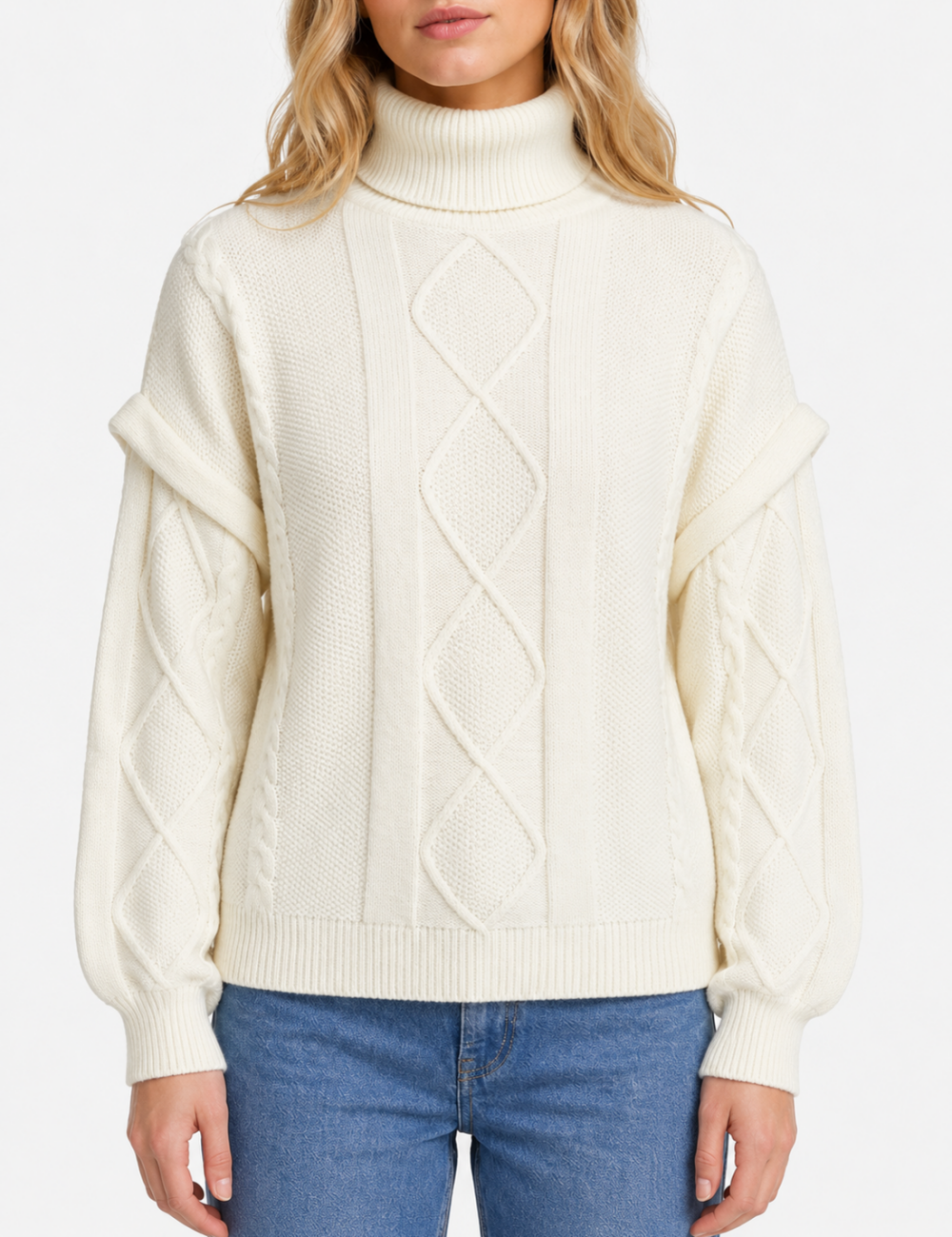 Ladies Turtleneck Cable Knit Drop Shoulder Sweater