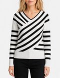 Ladies V Neck Striped Off Shoulder Long Sleeve Sweater