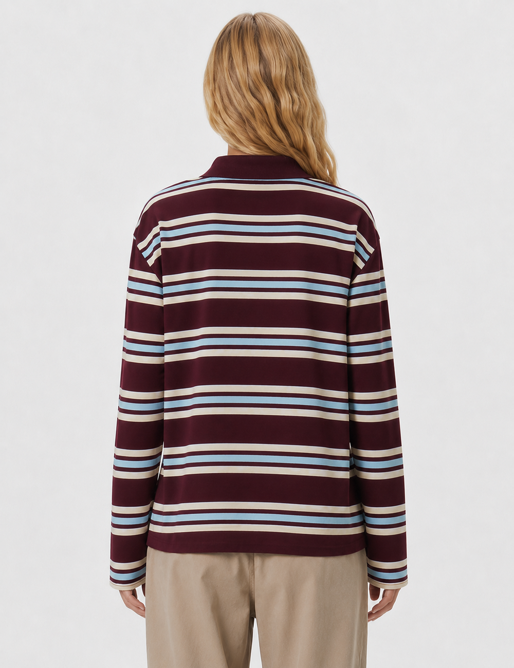Ladies Casual Striped Polo Collar Long Sleeves Top