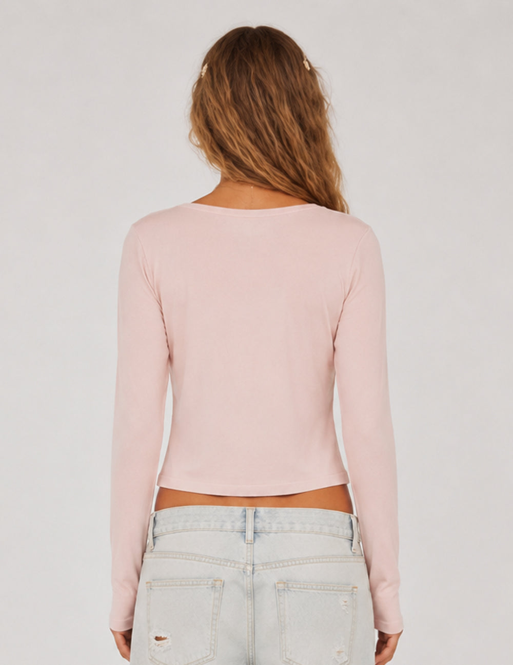 Ladies Lace Trim Button Down Long Sleeves Top
