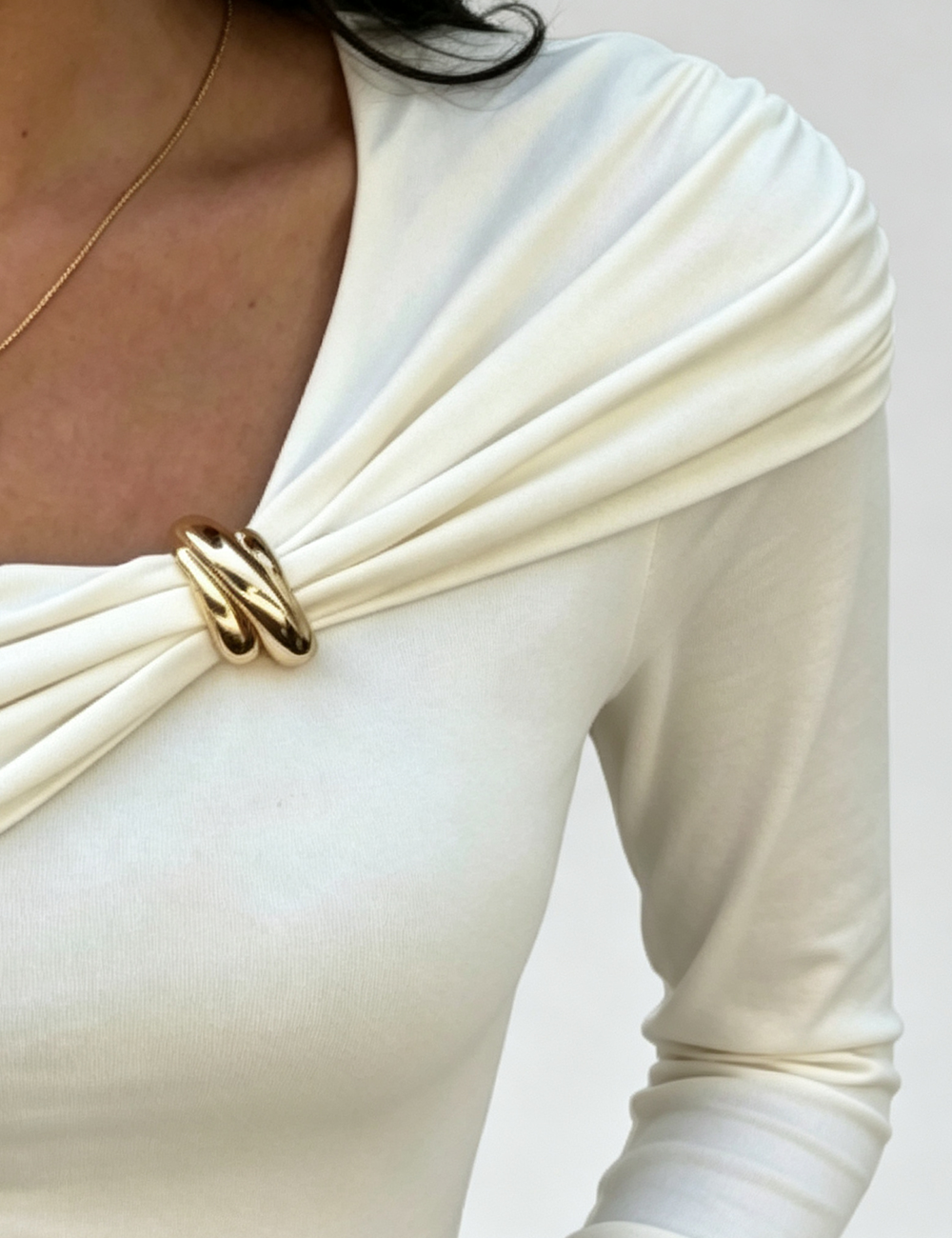 Ladies Elegant Solid Ruched Twist Front Long Sleeve Top