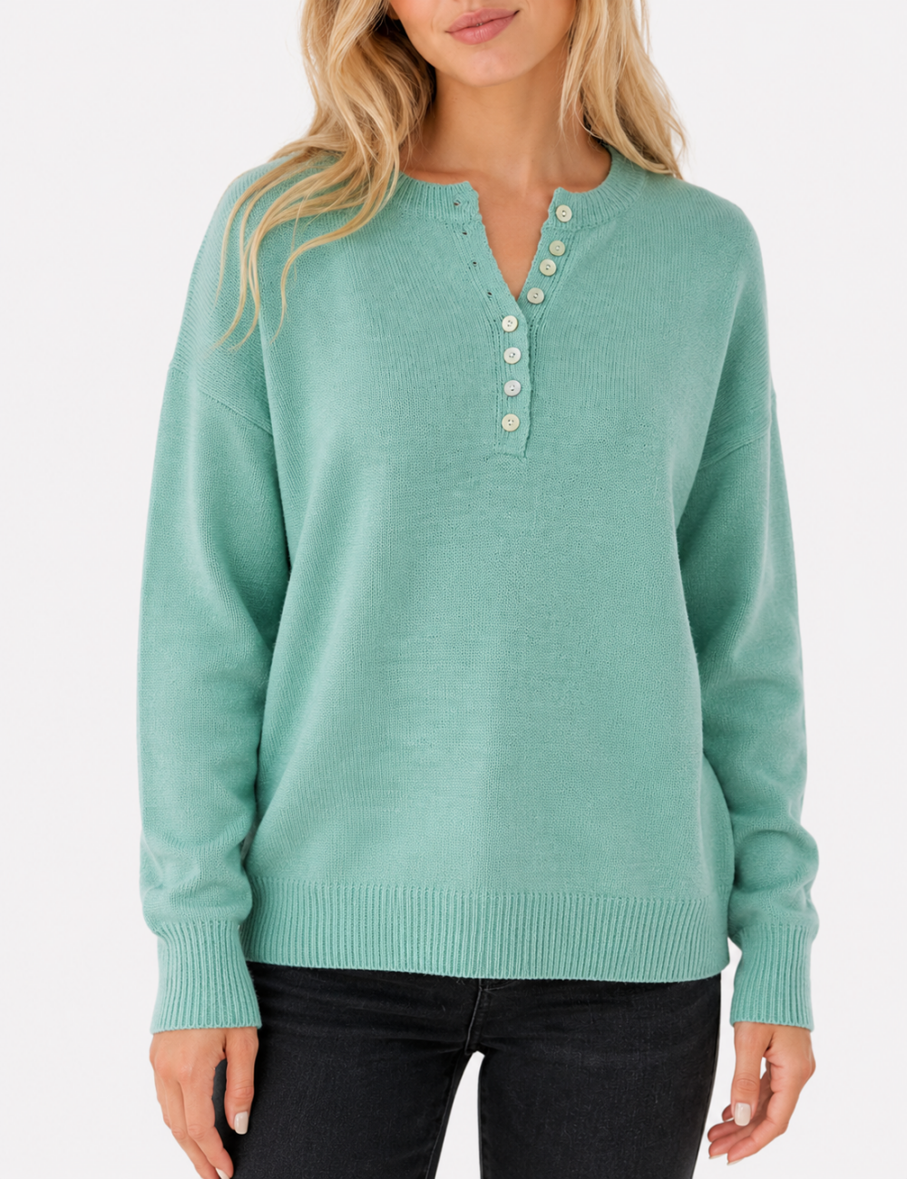 Ladies Button Round Neck Long Sleeve Sweater