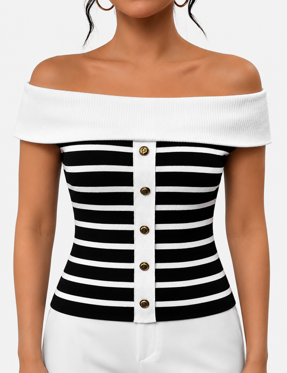 Ladies Off Shoulder Striped Button Detail Knit Top