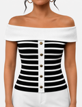Ladies Off Shoulder Striped Button Detail Knit Top