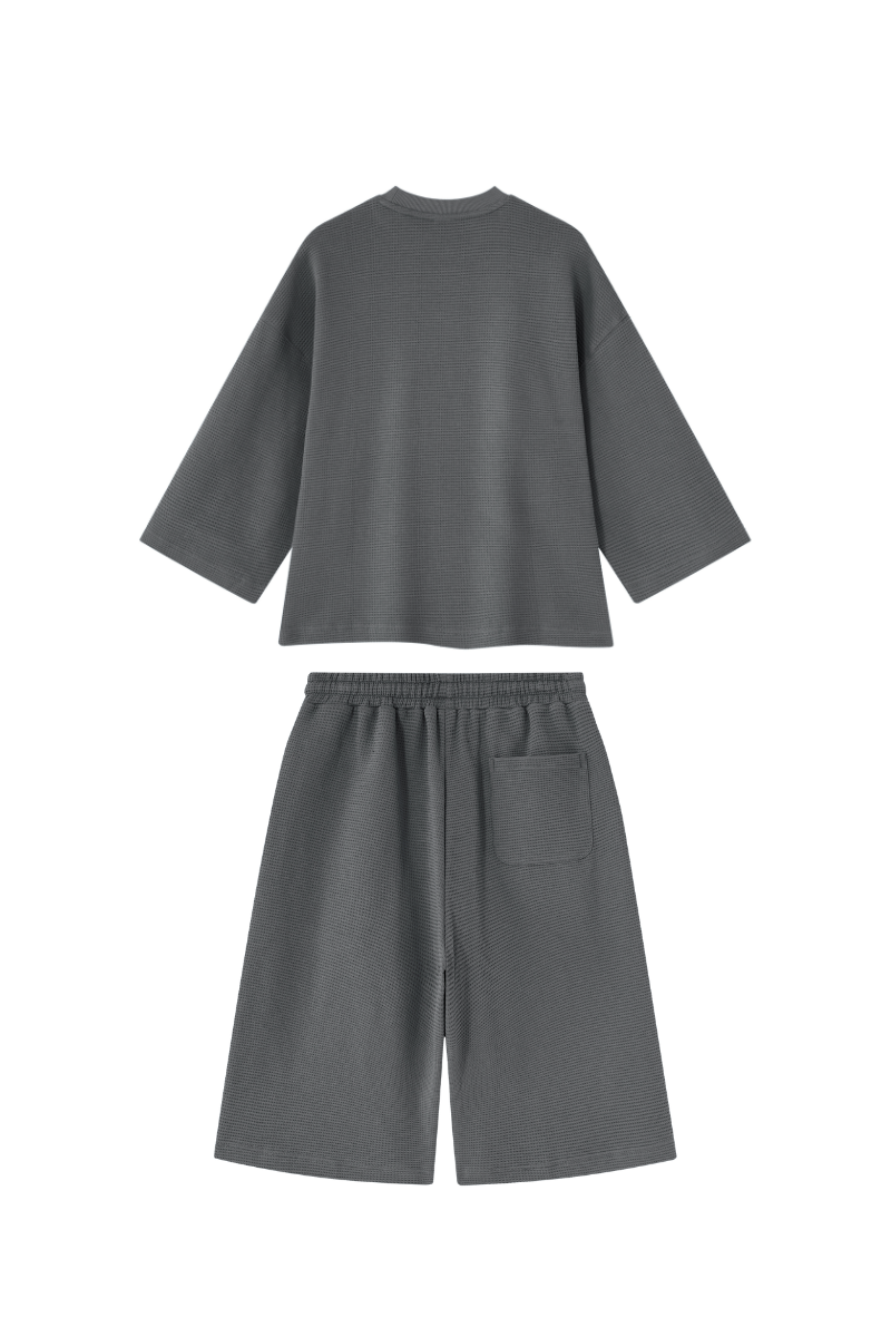 Men Spring Waffle Knit Loose Casual Top and Shorts Set