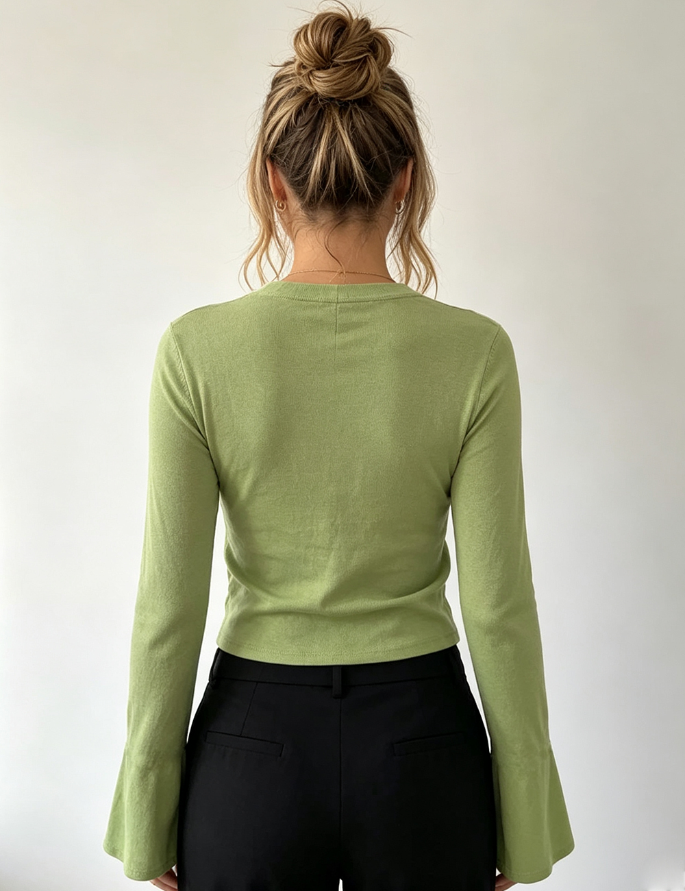 Ladies Casual Solid Round Neck Flare Sleeves Top