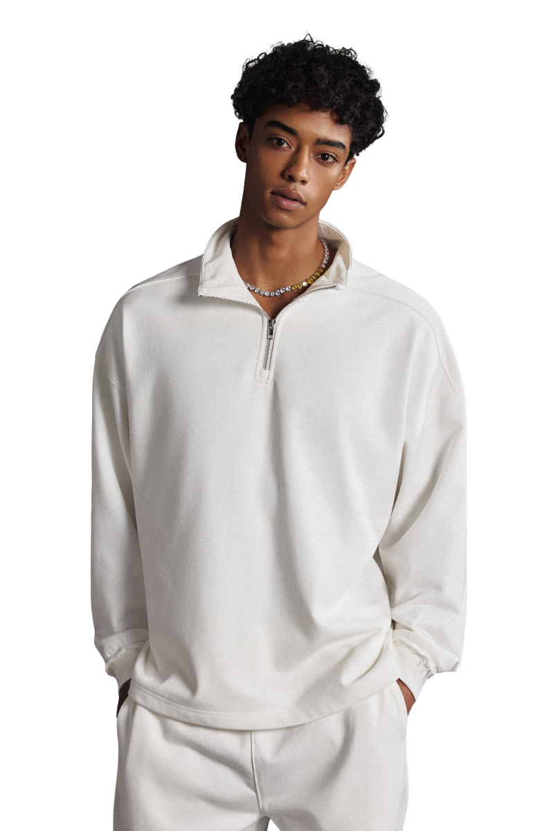 Men's Fall Clothing 450g Half Zip Raw Edge Stand Collar Set