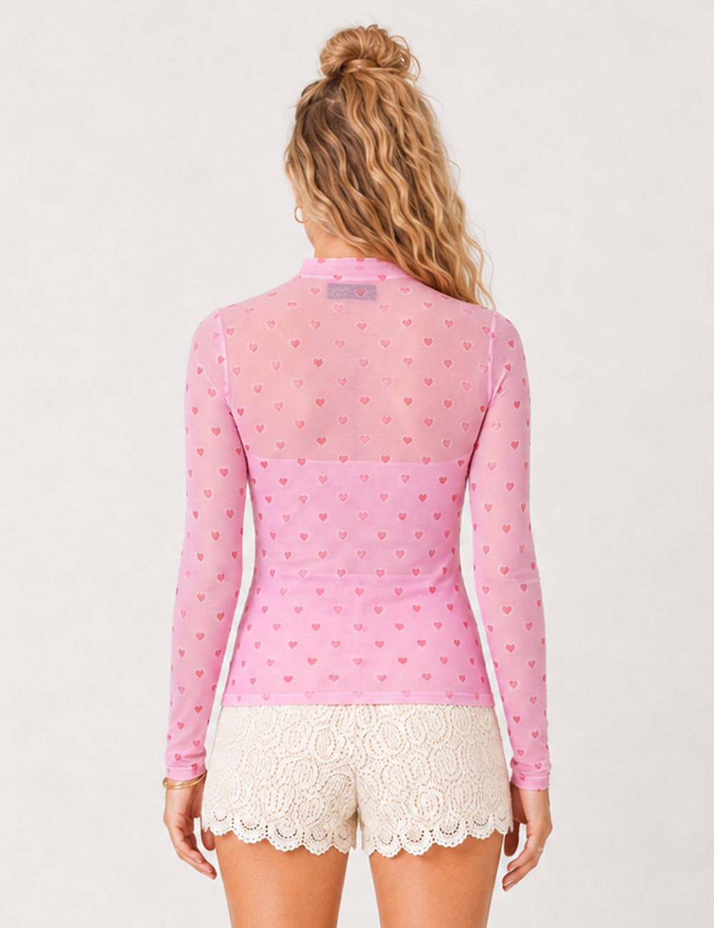 Ladies Heart Print Sheer Mesh Mock Neck Long Sleeves Top