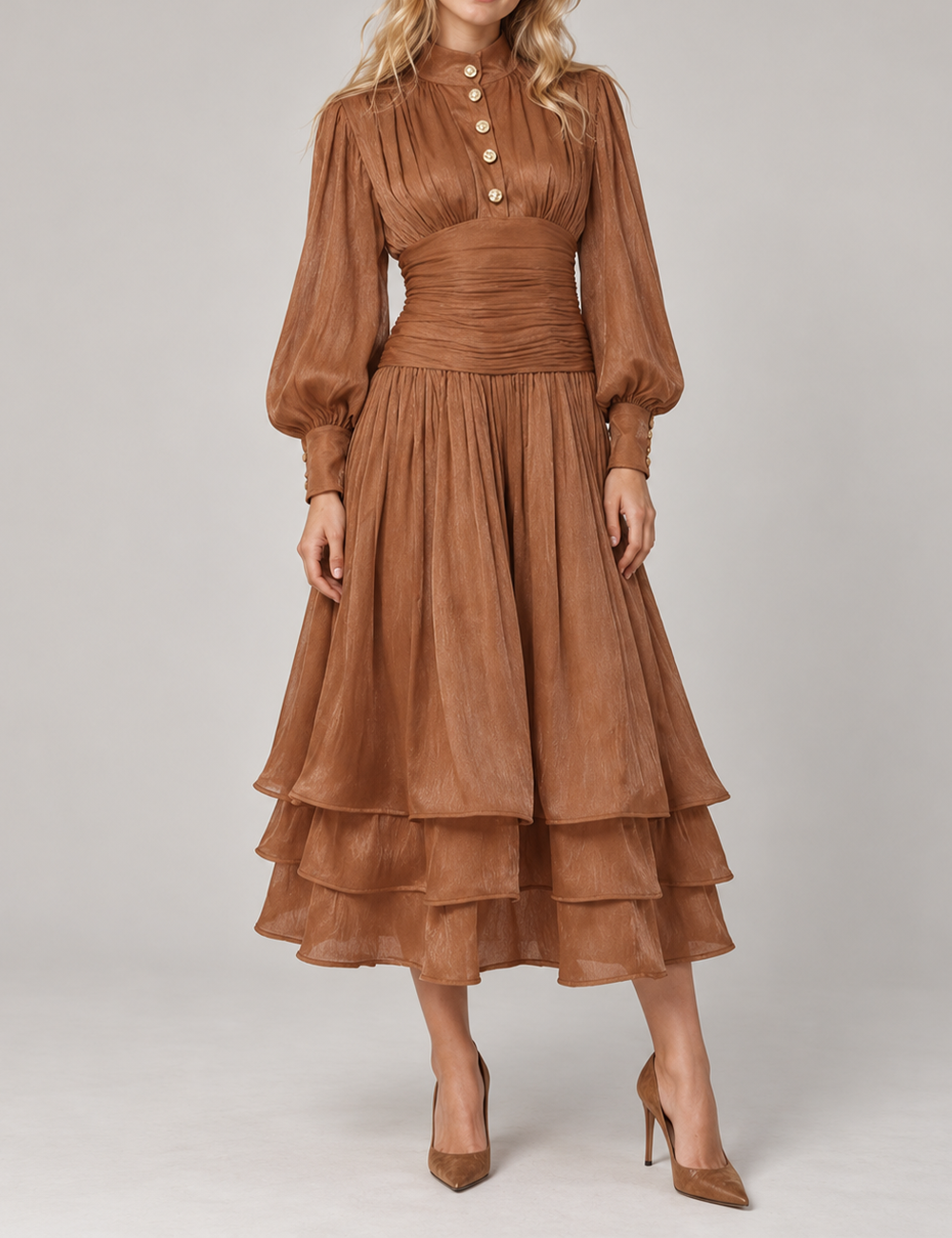 Ladies Puff Sleeves Ruched Button Tiered Midi Dress