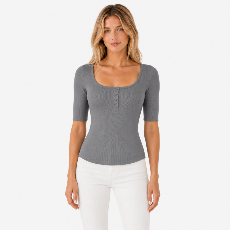 Ladies Scoop Neck Button Short Sleeve Top