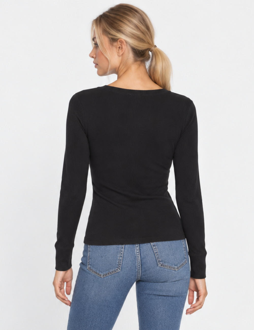 Ladies V-Neck Ribbed Knit Long Sleeves Top