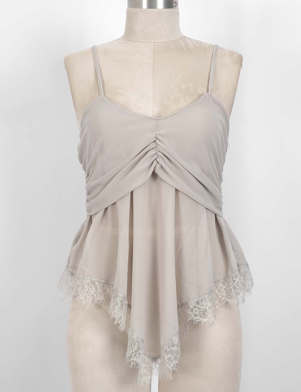 Ladies Sheer Mesh Lace Hem Spaghetti Strap Cami Top