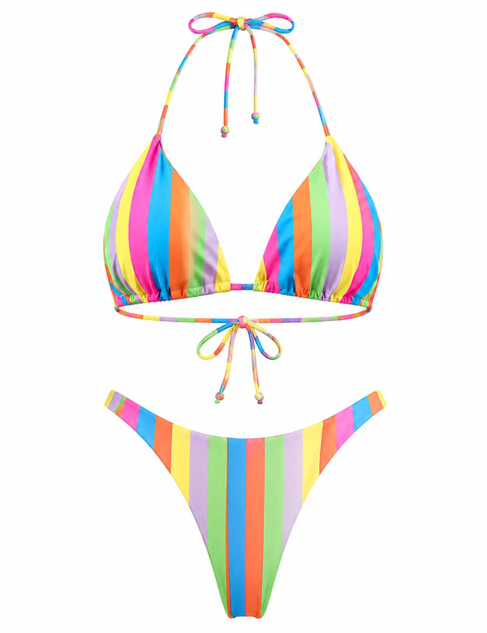 Ladies Neon Rainbow Striped Halter Triangle Bikini Set
