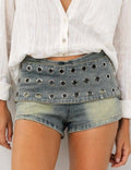 Ladies Metal Eyelet Belt Wrap Denim Mini Shorts