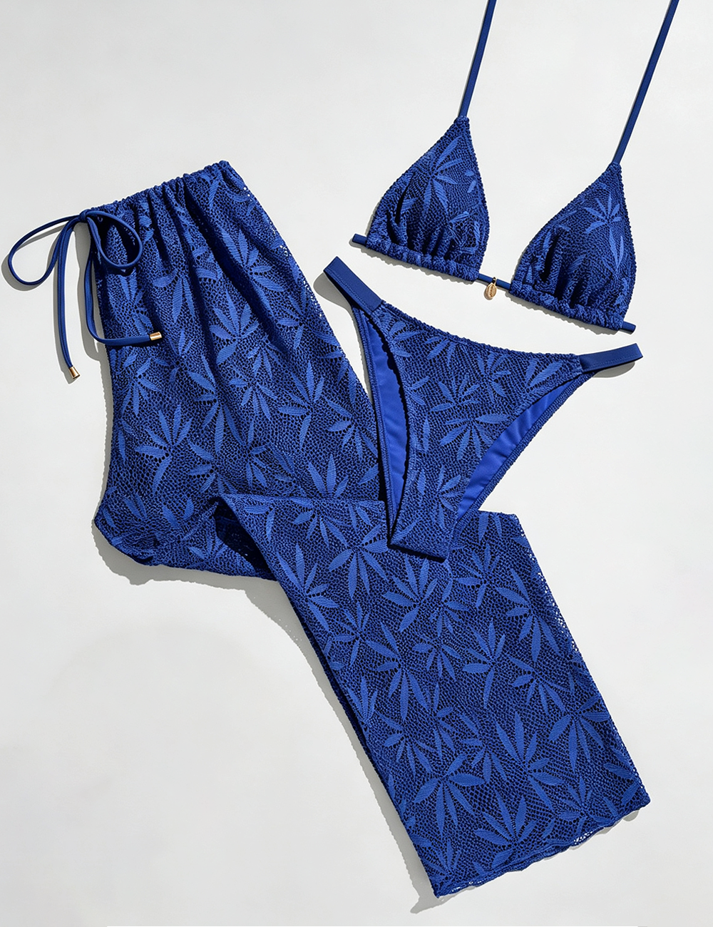 Ladies Halter Crochet Leaf Pattern 3PCS Bikini Swimwear Set