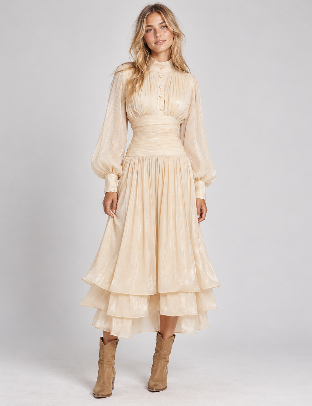 Ladies Puff Sleeves Ruched Button Tiered Midi Dress