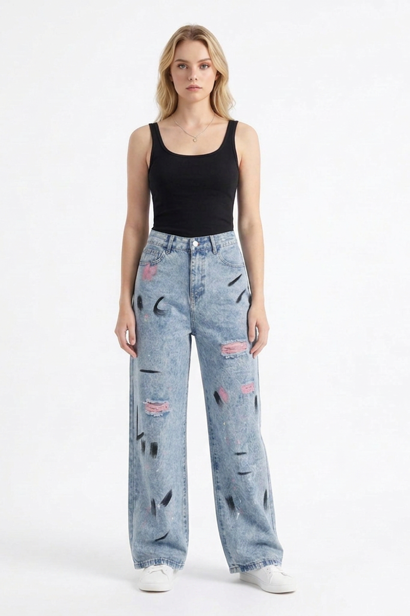 Women's High Waist Graffiti Ripped Wide Leg Jeans