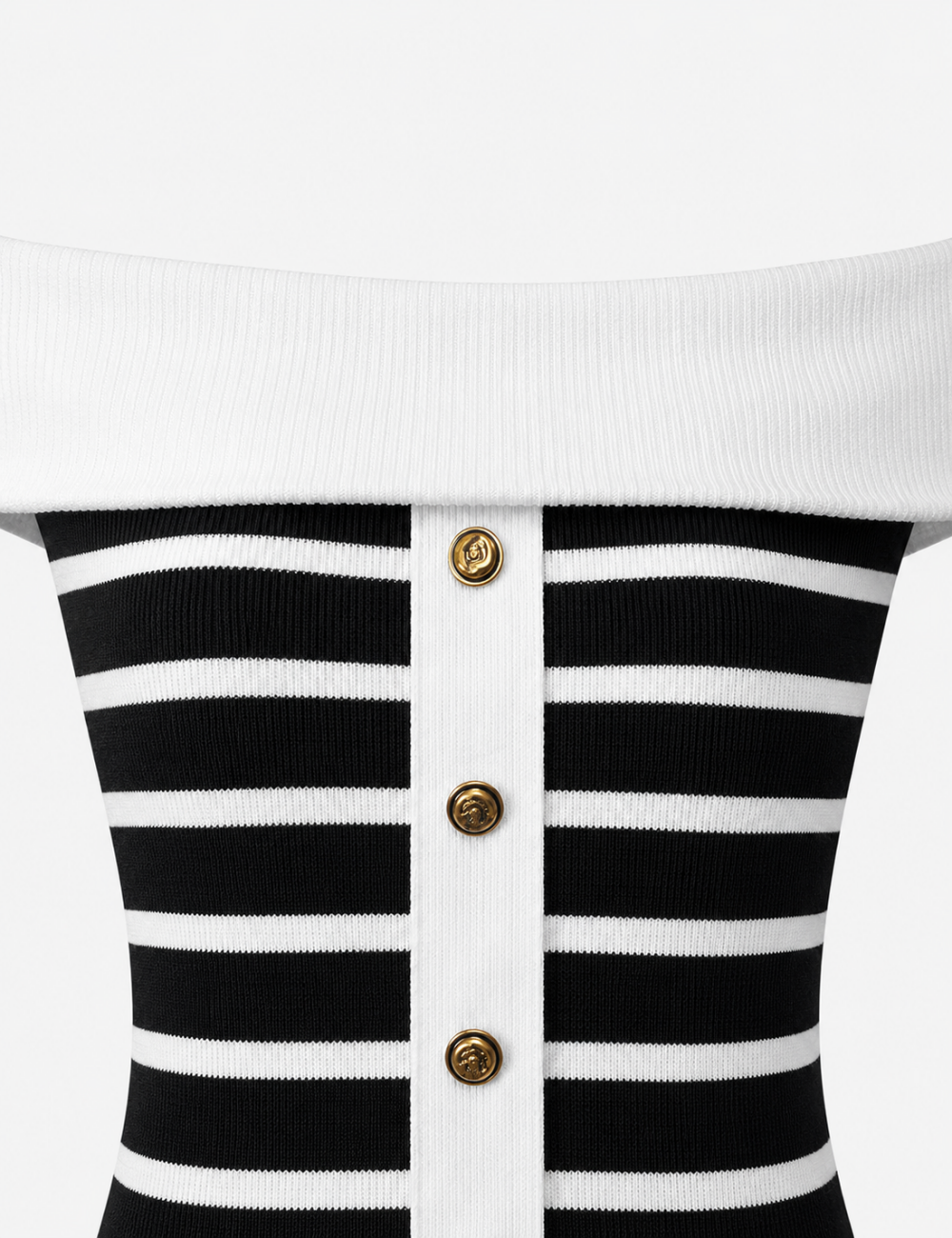 Ladies Off Shoulder Striped Button Detail Knit Top