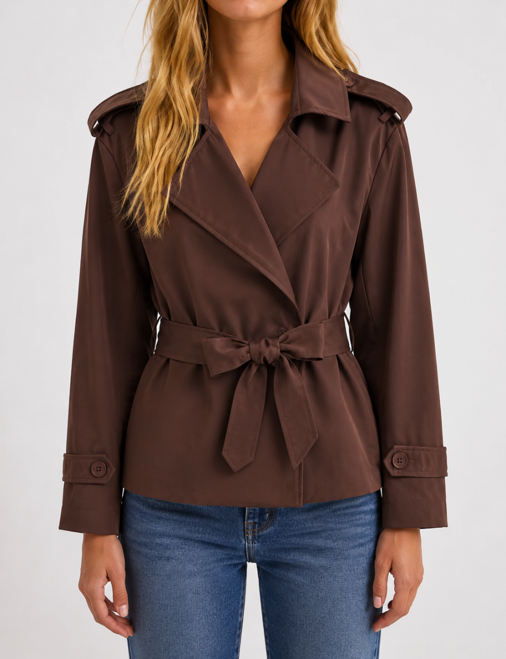 Ladies Lapel Collar Belted Short Trench Coat