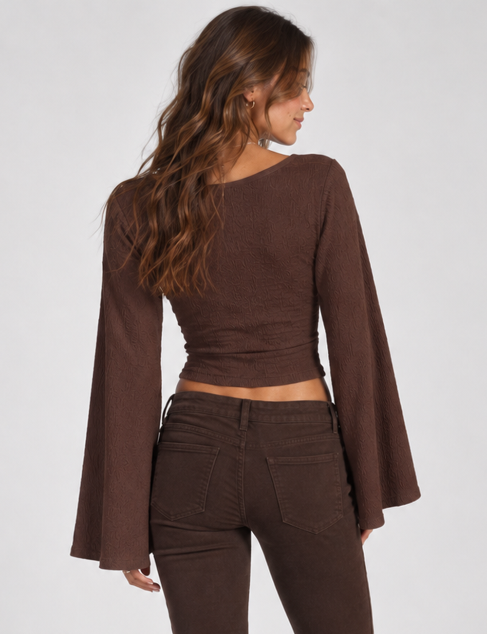 Ladies Casual Solid V-Neck Flare Sleeve Crop Top