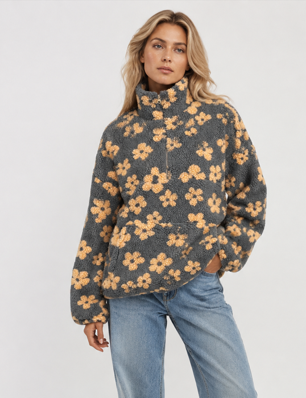 Ladies Casual Floral Pattern Zipper Front Fleece Pullover Sweatshirt