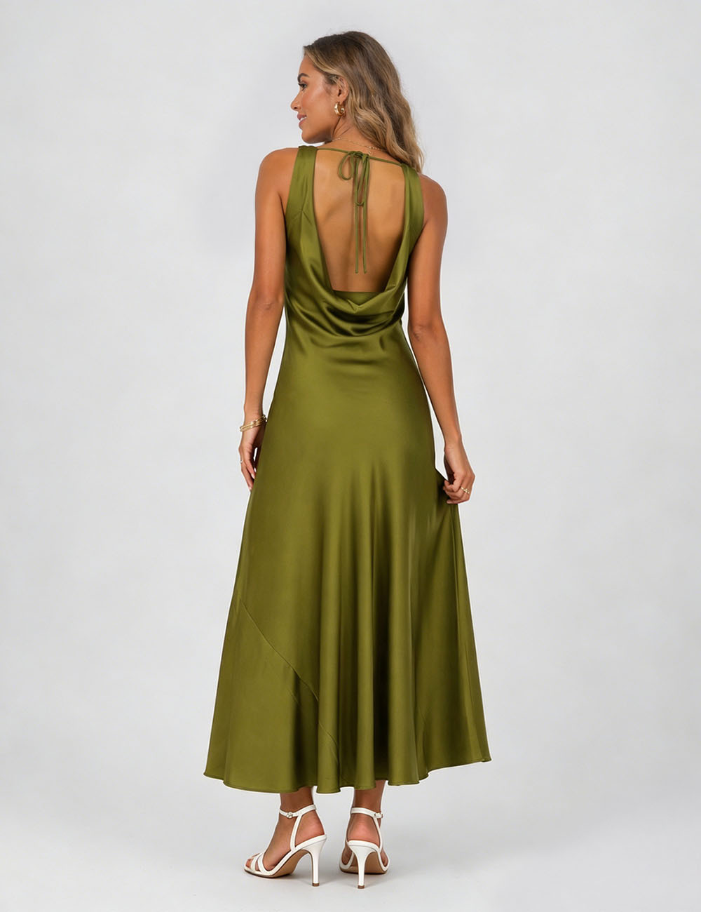 Ladies Chic Satin Cowl Neck Sleeveless Back Tie Midi Dress