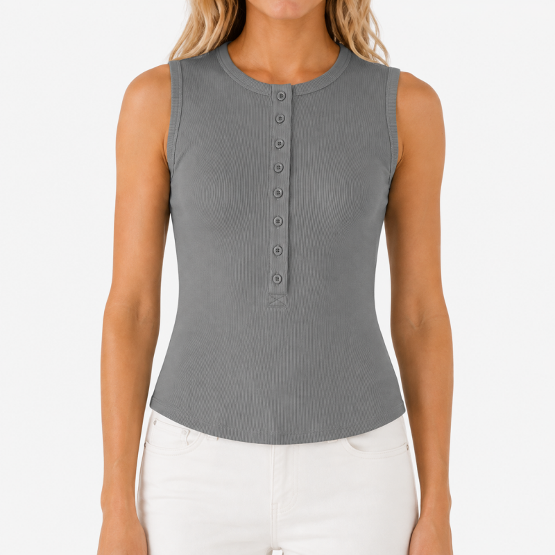 Ladies Crew Neck Button Sleeveless Top