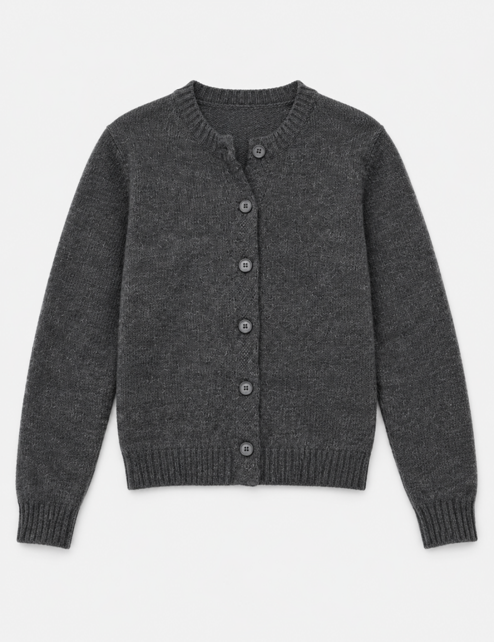 Ladies Solid Color Button Front Crew Neck Knit Cardigan