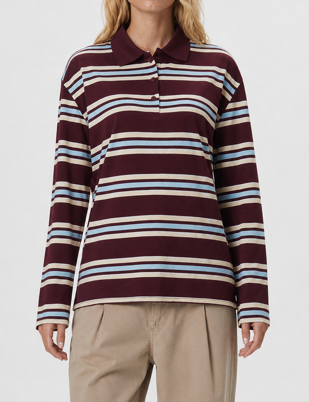Ladies Casual Striped Polo Collar Long Sleeves Top